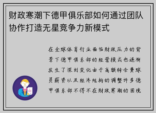 财政寒潮下德甲俱乐部如何通过团队协作打造无星竞争力新模式