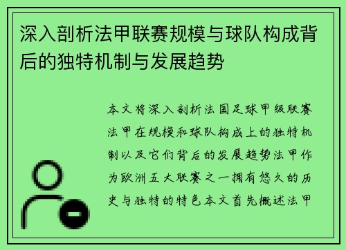 深入剖析法甲联赛规模与球队构成背后的独特机制与发展趋势