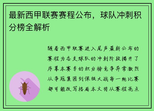 最新西甲联赛赛程公布，球队冲刺积分榜全解析