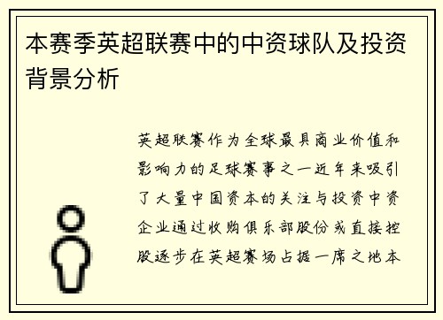 本赛季英超联赛中的中资球队及投资背景分析