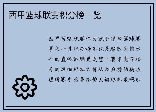 西甲篮球联赛积分榜一览