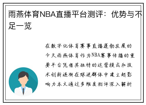 雨燕体育NBA直播平台测评：优势与不足一览