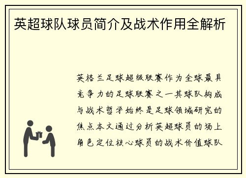 英超球队球员简介及战术作用全解析